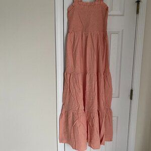 Linen-Blend Square Neck Sleeveless Smocked Tiered Maxi Dress